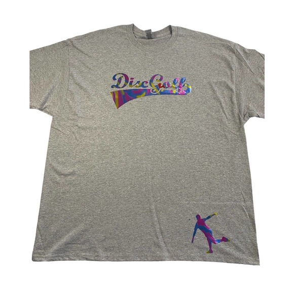 Disc Golf Shirt RAINBOW HOLOGRAPHIC BASKET Logo 2XL Graphic T-Shirt Gildan Grey - Picture 7 of 9